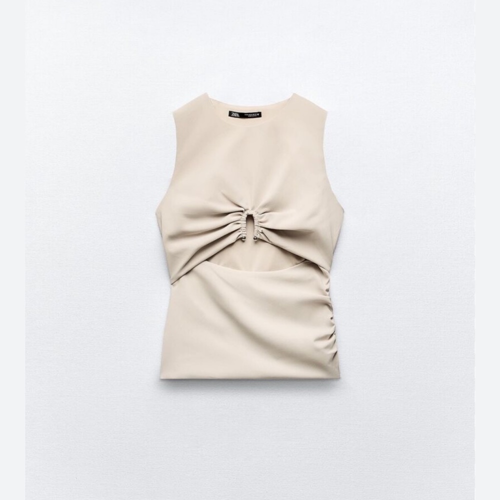 Zara Tan Ruched Cut Out Top NWT